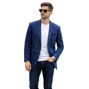 Tazzio Europa Slim Fit Windowpane Blazer – Blue – Men’s XS / 36R